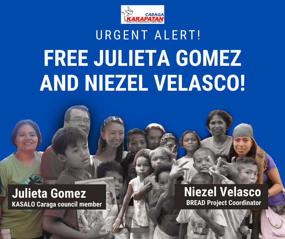 Human rights groups condemn the arrest and planting of evidence on two community activists of Caraga based in Quezon City last July 16.