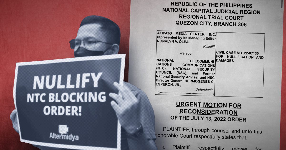 Bulatlat has filed a motion for reconsideration before the Quezon City Regional Trial Court Branch 306 today, July 22, urging the latter to reverse its earlier decision denying the prayer for temporary restraining order against the National Telecommunications (NTC) memo.
